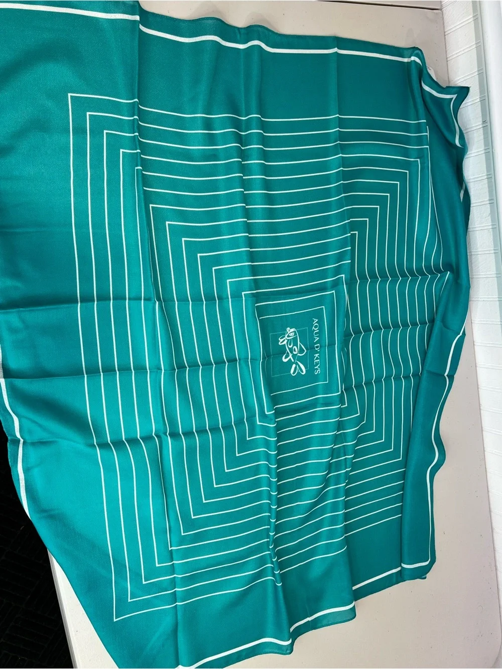 Aqua Revs Teal Square Scarf with White Geometric Lines